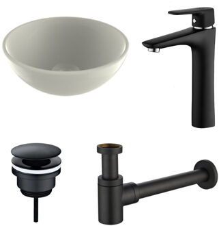 Boss & Wessing Waskomset BWS Rond 26x12 cm Keramiek Glanzend Wit / Mat Zwart (inclusief kraan, afvoer en sifon)