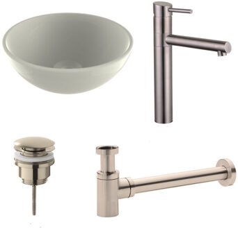 Boss & Wessing Waskomset BWS Rond 26x12 cm Keramiek Glanzend Wit / RVS (inclusief kraan, afvoer en sifon)