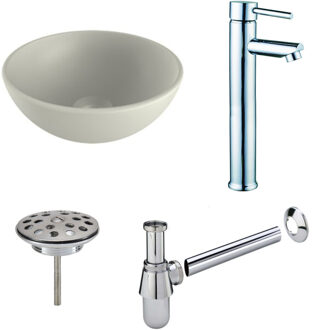 Boss & Wessing Waskomset BWS Rond 26x12 cm Keramiek Mat Wit / Chroom (inclusief kraan, afvoer en sifon)