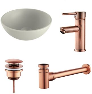 Boss & Wessing Waskomset BWS Rond 26x12 cm Keramiek Mat Wit / Koper (inclusief kraan, afvoer en sifon)