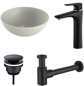 Boss & Wessing Waskomset BWS Rond 26x12 cm Keramiek Mat Wit / Mat Zwart (inclusief kraan, afvoer en sifon)