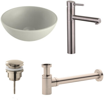 Boss & Wessing Waskomset BWS Rond 26x12 cm Keramiek Mat Wit / RVS (inclusief kraan, afvoer en sifon)