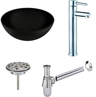 Boss & Wessing Waskomset BWS Rond 26x12 cm Keramiek Mat Zwart / Chroom (inclusief kraan, afvoer en sifon)