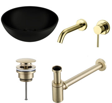 Boss & Wessing Waskomset BWS Rond 26x12 cm Keramiek Mat Zwart / Goud (inclusief kraan, afvoer en sifon)