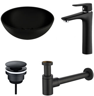 Boss & Wessing Waskomset BWS Rond 26x12 cm Keramiek Mat Zwart (inclusief kraan, afvoer en sifon)