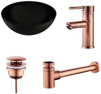 Boss & Wessing Waskomset BWS Rond 26x12 cm Keramiek Mat Zwart / Koper (inclusief kraan, afvoer en sifon)
