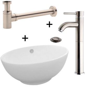 Boss & Wessing Waskomset Rema Inclusief Hoge Kraan RVS Keramische Wastafel Sifon en Clickwaste Wit