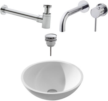 Boss & Wessing Waskomset Solidsurface Incl Chromen Inbouwkraan Met Coldstart Afvoer en Waste Mat Wit