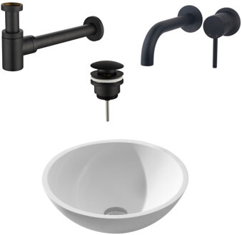 Boss & Wessing Waskomset Solidsurface Incl Mat Zwarte Inbouwkraan Afvoer en Waste Mat Wit