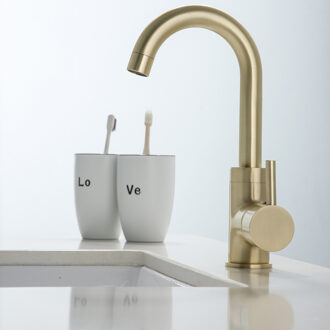 Boss & Wessing Wastafelkraan BWS Gold Gebogen Uitloop Geborsteld Messing Mat Goud