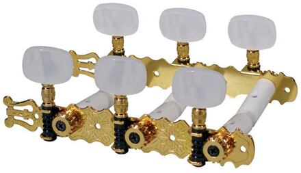 Boston 129-PG stemmechanieken voor klassieke gitaar stemmechanieken voor klassieke gitaar, nylon as, 3x links+3x rechts, 70mm, goud, parelmoer knoppen