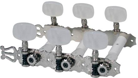 Boston 131-P stemmechanieken voor klassieke gitaar stemmechanieken voor klassieke gitaar, nylon as, 3x links+3x rechts, 70mm, nikkel, parelmoer knoppe
