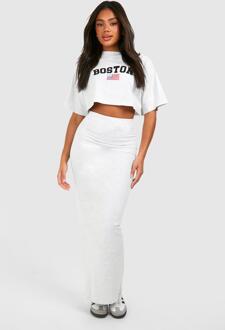 Boston Slogan Cropped T-Shirt And Skirt Set, Ash Grey - XL