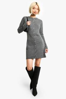 Boucle Gebreide Button Down Mini Jurk, Light Grey - 40