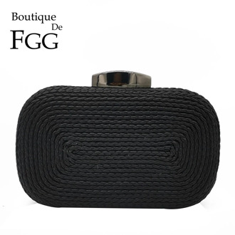 Boutique De FGG Casual Women Clutches Black Evening Bag Woven Knited PU Metal Clutch Bag Hard Case Ladies Chain Shoulder Handbag