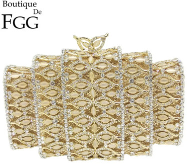 Boutique De FGG Dazzling Gold Crystal Women Evening Bags Hollow Out Stones Beaded Wedding Clutch Bridal Diamond Minaudiere Purse