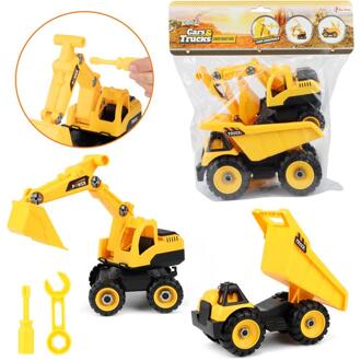 bouwvoertuigen kiepwagen en bulldozer 27 x 29,5 cm geel