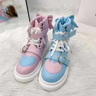 bow Platform Sneakers Casual Lace-Up Wedges High Heel Womens Shoes Outdoor blue pink Platform Vulcanize Shoes Women cute shoes