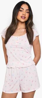 Bow Print Rib Lettuce Hem Top Met Korte Mouwen & Shorts Pyjama Set, Pink - 36