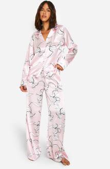 Bow Print Satijn Langarmig Overhemd & Broek Pyjama Set, Pink - 36