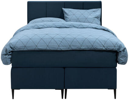 Boxspring Liv Geblokt - 140x200 Cm - Ronde Poot - Stof/Velvet - Blauw