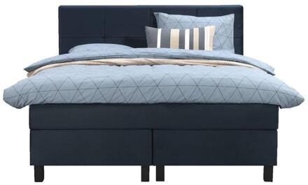 Boxspring Liv Geblokt - 140x200 Cm - Vierkante Poot - Stof/Velvet - Blauw
