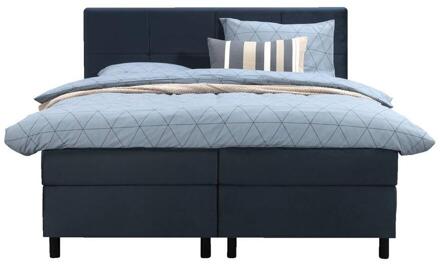 Boxspring Liv Geblokt - 160x200 Cm - Ronde Poot - Stof/Velvet - Blauw