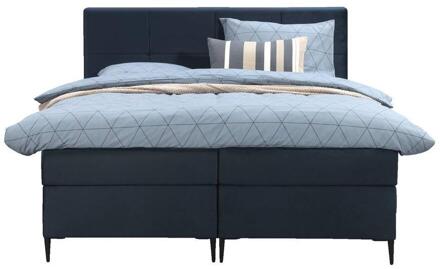 Boxspring Liv Geblokt - 160x200 Cm - Slanke Poot - Stof/Velvet - Blauw