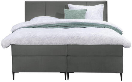 Boxspring Liv Geblokt - 160x200 Cm - Slanke Poot - Stof/Velvet - Grijs