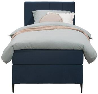 Boxspring Liv Geblokt - 90x200 Cm - Slanke Poot - Stof/Velvet - Blauw