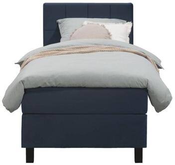 Boxspring Liv Geblokt - 90x200 Cm - Vierkante Poot - Stof/Velvet - Blauw