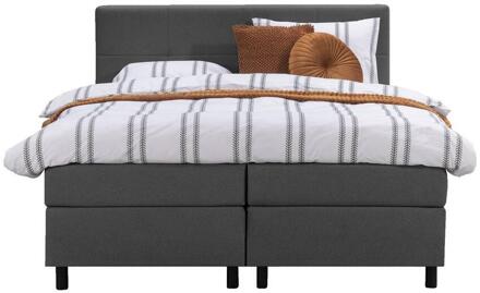 Boxspring Liv Geblokt - Antraciet - 160x200 Cm - Ronde Poot - Stof - Grijs