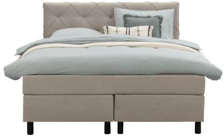 Boxspring Liv Geruit - 140x200 Cm - Ronde Poot - Stof - Beige