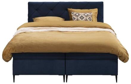 Boxspring Liv Geruit - 160x200 Cm - Slanke Poot - Stof/Velvet - Blauw