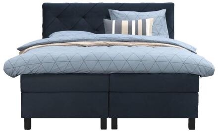 Boxspring Liv Geruit - 180x200 Cm - Vierkante Poot - Stof/Velvet - Blauw