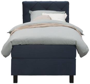 Boxspring Liv Geruit - 90x200 Cm - Vierkante Poot - Stof/Velvet - Blauw