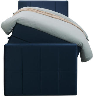 Boxspring Met Opbergruimte En Voetbord Liv Geblokt - 90x200cm - Stof/Velvet - Blauw