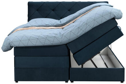 Boxspring Met Opbergruimte Liv Geruit - 140x200 Cm - Stof/Velvet - Blauw