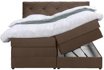 Boxspring Met Opbergruimte Liv Geruit - 140x200 Cm - Stof/Velvet - Bruin