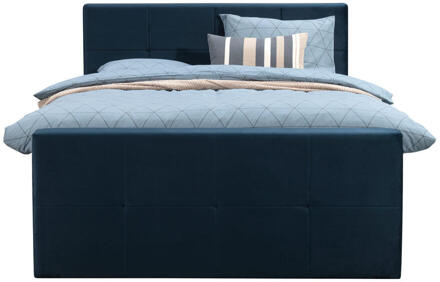 Boxspring Met Voetbord Liv Geblokt - 140x200 Cm - Vierkante Poot - Stof/Velvet - Blauw