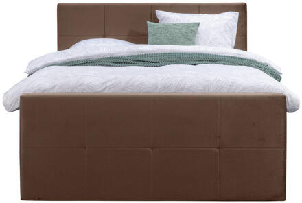 Boxspring Met Voetbord Liv Geblokt - 160x200 Cm - Vierkante Poot - Stof/Velvet - Bruin