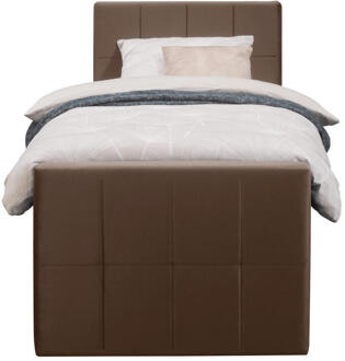 Boxspring Met Voetbord Liv Geblokt - 90x200 Cm - Ronde Poot - Stof/Velvet - Bruin