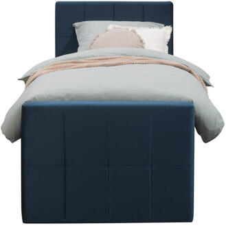Boxspring Met Voetbord Liv Geblokt - 90x200 Cm - Vierkante Poot - Stof/Velvet - Blauw