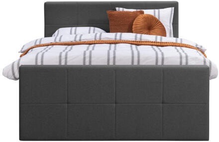 Boxspring Met Voetbord Liv Geblokt - Antraciet - 160x200 Cm - Ronde Poot - Stof - Grijs