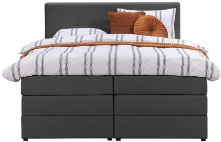 Boxspring Met Voetbord Liv Geblokt - Antraciet - 180x200 Cm - Ronde Poot - Stof - Grijs