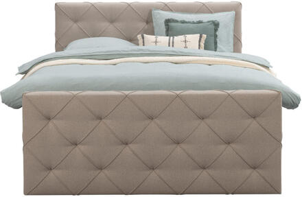 Boxspring Met Voetbord Liv Geruit - 140x200 Cm - Vierkante Poot - Stof - Beige