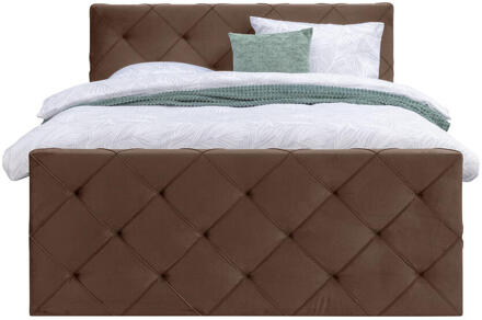 Boxspring Met Voetbord Liv Geruit - 160x200 Cm - Ronde Poot - Stof/Velvet - Bruin