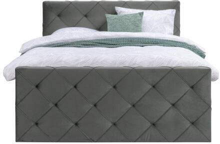 Boxspring Met Voetbord Liv Geruit - 180x200 Cm - Slanke Poot - Stof/Velvet - Grijs