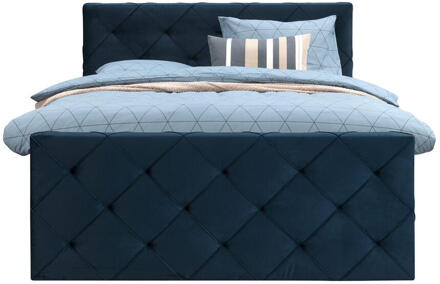 Boxspring Met Voetbord Liv Geruit - 180x200 Cm - Vierkante Poot - Stof - Blauw