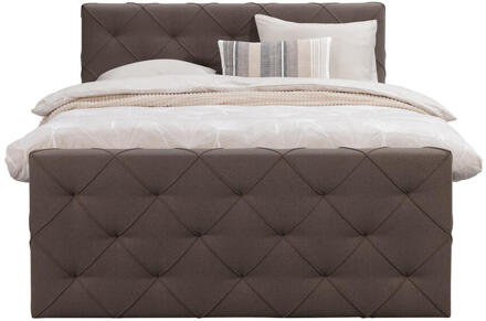 Boxspring Met Voetbord Liv Geruit - Donker - 160x200 Cm - Vierkante Poot - Stof - Bruin
